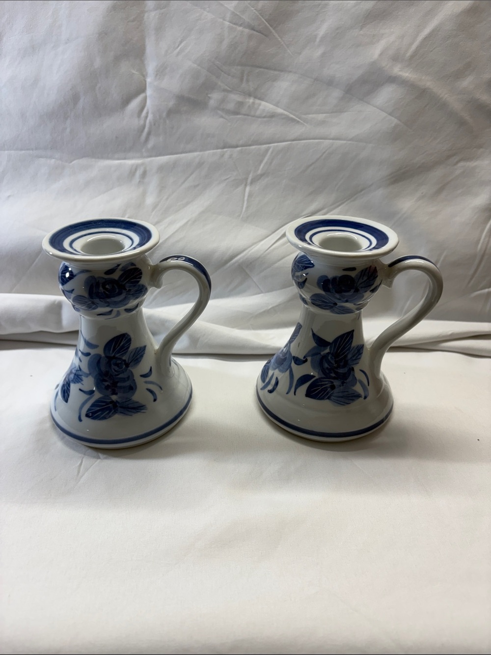 Vintage Blue Floral Ceramic Candle Holders - Pair